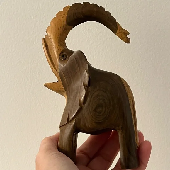 Vintage Hand Carved Wooden Elephant With Raised Trunk Good Luck Animal Figurine - Picture 9 of 10